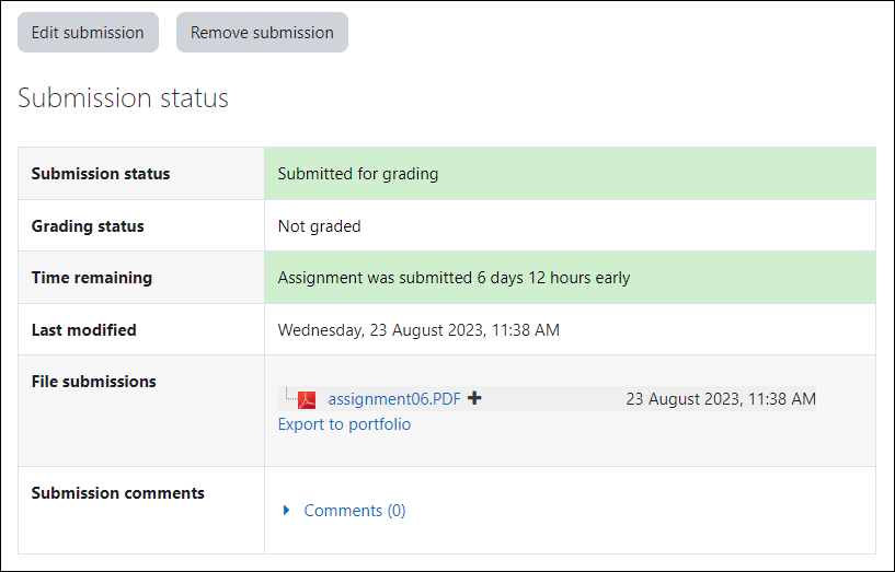 Assignment submission status screen