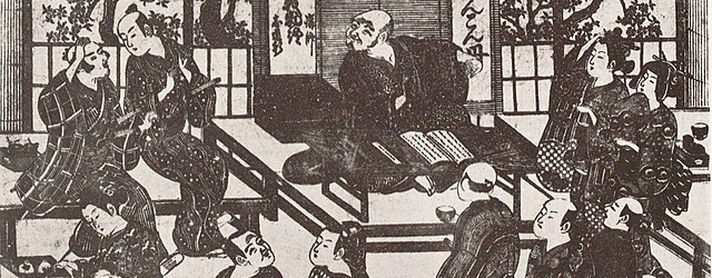 A woodcut of people engaging in Japanese rhetorical art.