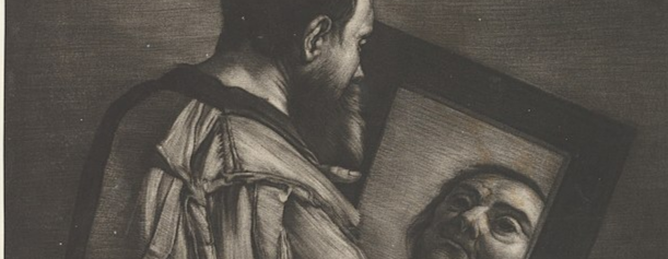A print by Bernard Vaillant showing Socrates looking in a mirror.
