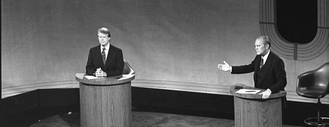 President Gerald Ford and Jimmy Carter Meet at the Walnut Street Theater in Philadelphia to Debate Domestic Policy.