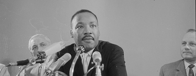 Martin Luther King Jr. at a press conference at Amsterdam Schiphol airport.