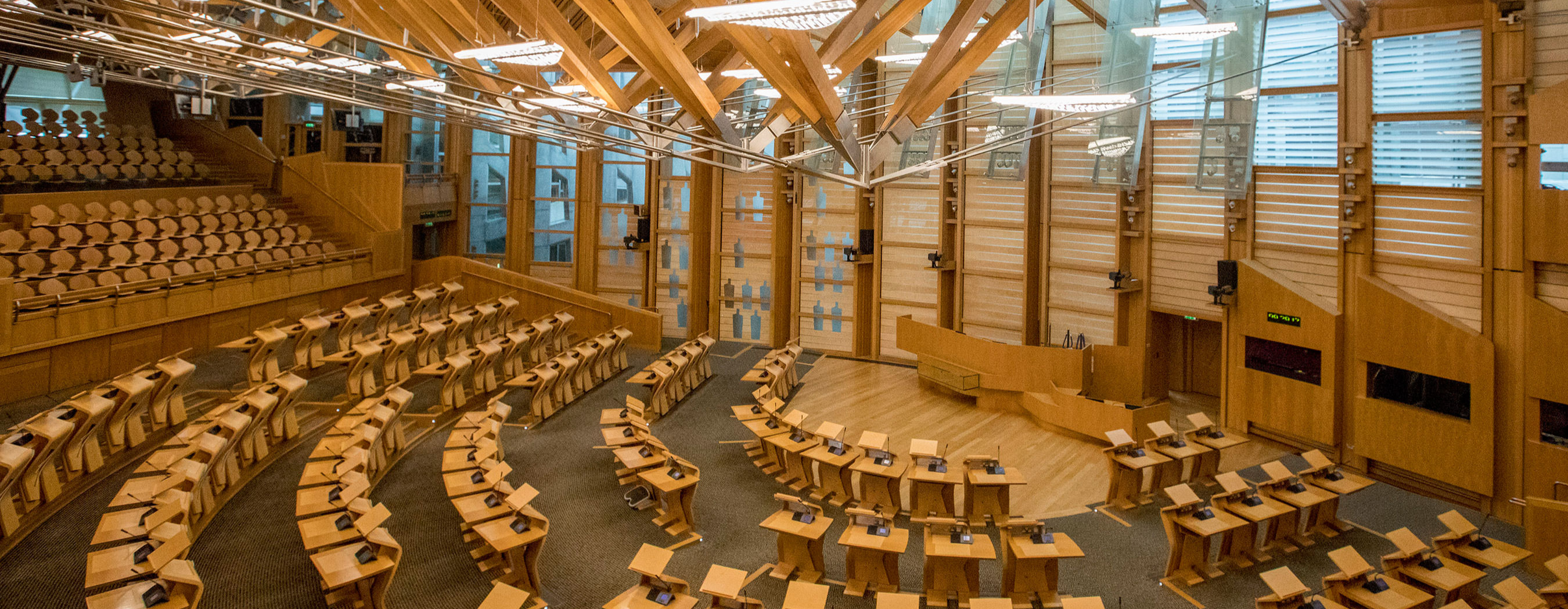 A photo of the debating chamber inside the Scottish Parliament.