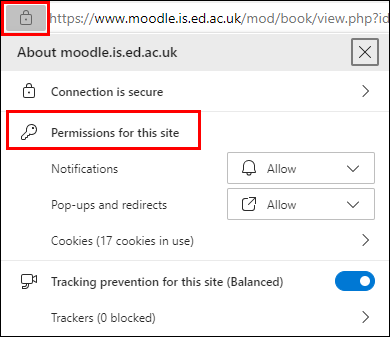 Location of the site permissions option in Edge