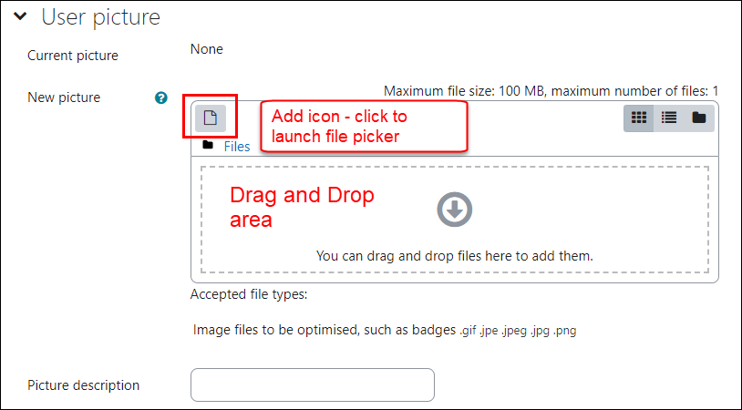 Adding a user picture area interface with manual upload and drag and drop options highlighted.